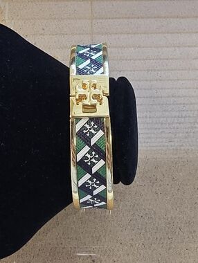 Tory Burch Gold-Tone Enamel Logo Hinge Bracelet in Green, Navy & White